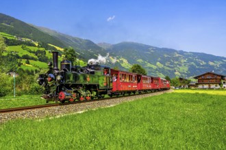 Historic Zillertal railway with steam locomotive, Zillertal, Zillertal Alps, Tyrol, Austria