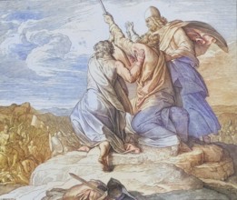 Biblical story, Amalek, tribe of the Amalekites, is overpowered by Moses' upraised hands, digitally