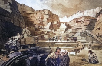 The Mörnsheim quarry near Sonthofen, fossils, place of discovery, Germany, coloured wood engraving,