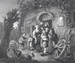 The tinker checking a pot for reproducibility, travelling craftsman, steel engraving after a