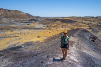 Tourist, Dry landscape with yellow grass and black volcanic hills, Burnt Mountain, Damaraland,
