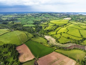Farms and Fields over River Dart from a drone, Stoke Gabriel, Totnes, Devon, England, United