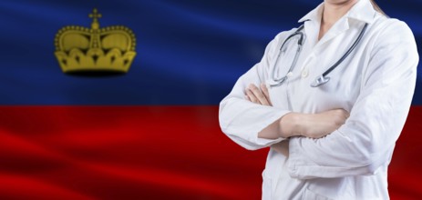 Doctor with crossed arms on Liechtenstein flag. Liechtenstein health and care concept. Female