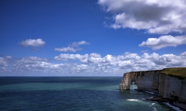 Rock arch Falaise or Porte La Manneporte, behind it Falaise or Porte d'Aval, Étretat, sea, cliffs,
