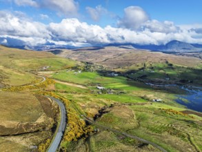 Farms and Moors over Loch Harport from a drone, Drynoch, Isle of Skye, Highlands, Scotland, United