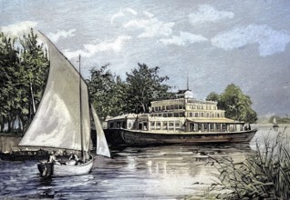 Houseboat, floating villa on the Thames, England, illustration from 1894, reproduction, digitally