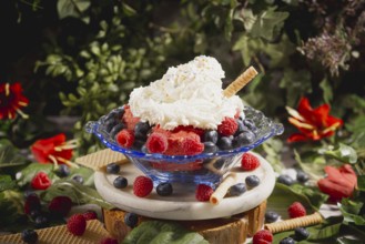 Ice cream sundae with raspberries and blueberries, decorated with cream and a wafer stick,