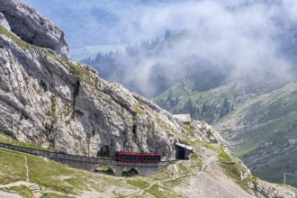 Pilatus railway cogwheel railway just in front of the summit of Mount Pilatus in the Swiss Alps in