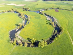 Young Danube river landscape aerial view from above near Geisingen, Germany