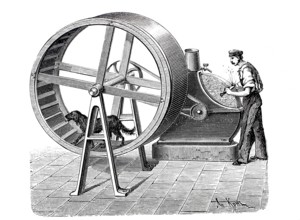 Dog driving the wheel of a whetstone, man sharpening a knife, digitally enhanced reproduction of a