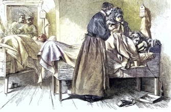 In the Prussian main hospital in Flensburg, Germany, coloured woodcut from 1864, medical staff