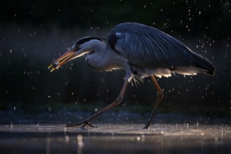 Grey Heron (Ardea cinerea) with fish prey in its beak, Kiskunsag National Park, Hungary