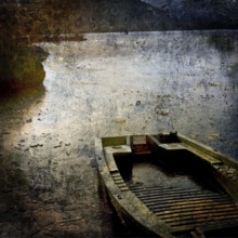 A weathered boat lies still on a serene water body at dusk, with reflections of light dancing on