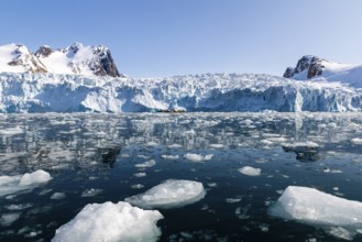 Glacier tongue, ice in front of a break-off edge, mountain peak, sea, Fugelfjorden, Spitsbergen,