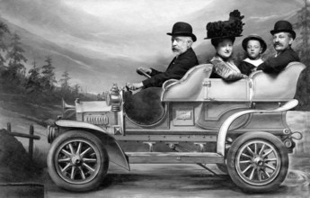 Car journey family, 1910s, family in an old car with hats, black and white photo with nostalgic