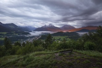 Marxenhöhe near Berchtesgaden with Watzmann view in the morning mist after the rain