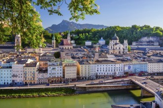 Panoramic view from the Kapuzinerberg over the Salzach river to the old town and the Untersberg