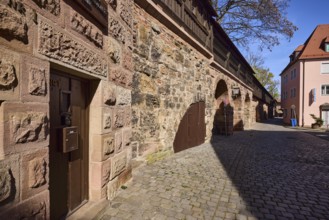 Spittlertor wall, alley, old town, city fortification, city wall, buildings, trees, blue sky,