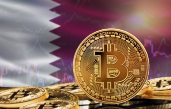 Investors in cryptocurrency and Blockchain Technology in Qatar, Concept. Bitcoin with Qatar flag in