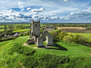 Burrow Mump from a drone, Southlake Moor, Burrowbridge, Taunton, Somerset, England, United Kingdom