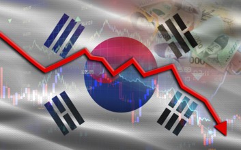 South Korea financial fall on economy market. South Korea financial crisis on economic graph