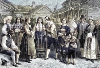 A group in Norwegian costumes, Norway, Illustration, published 1890, Reproduction, digitally