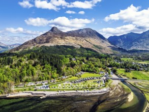 Loch Leven and Holiday Park from a drone, Glencoe, Highland, Scotland, United Kingdom