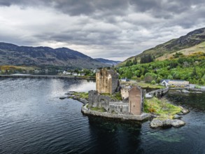 Eilean Donan Castle and Loch Duich from a drone, Isle of Skye, Highlands, Scotland, England, United
