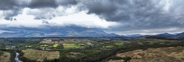 Panorama of Nevis Range Mountains from a drone, Grampian Mountains, Highland, Lochaber, Scotland,