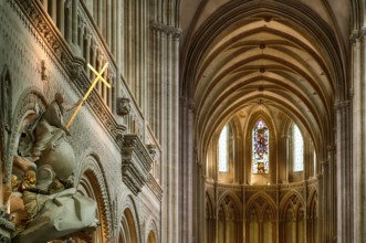 Interior view, angel on pulpit, holding a shining golden sword, Cathédrale Notre-Dame de Bayeux,