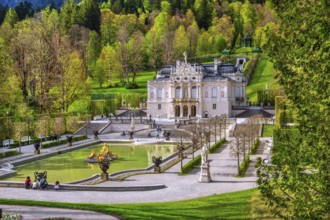 Water parterre with the portal of Linderhof Castle in spring, municipality of Ettal, Ammergau Alps,