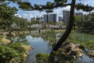 Shukkei-en with Sekisui-gan stone formation, green plants, trees and Koko-kyo stone bridge over