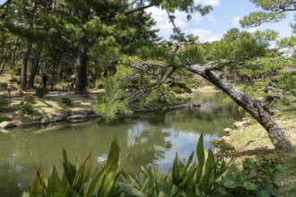 Shukkei-en with green plants, trees and Takuei-chi pond in spring, historical Japanese strolling