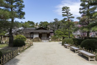 Seifukan teahouse in Shukkei-en, historical Japanese strolling garden, Japanese garden, green area,