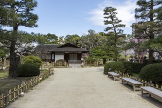 Seifukan teahouse in Shukkei-en, historical Japanese strolling garden, Japanese garden, green area,