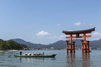 An excursion boat with tourists passes through the torii in the water, sight, tourist attraction,