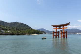 An excursion boat with tourists passes through the torii in the water, sight, tourist attraction,