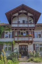 Old villa with wooden shingle façade, large balcony with floral decorations, around 1900, Dornbirn,