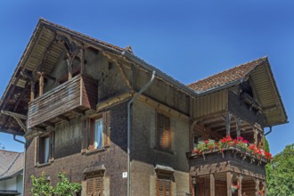 Old villa with wooden shingle façade, large balcony with floral decorations, around 1900, Dornbirn,