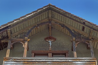 Old villa, wooden shingle façade with crucifix around 1900, Dornbirn, Vorarlberg, Austria