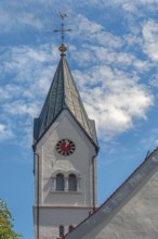Church tower with clock and weathercock, Church of the Assumption of the Virgin Mary, Frauenzel,