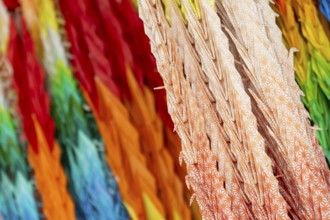 Chains of colourful origami cranes made of paper as a sign of peace in the Peace Park, close-up,
