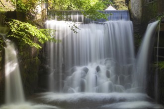 Small waterfall in the forest with flowing water and green foliage, Stillensteinklamm Upper Austria