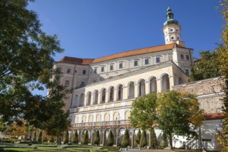 A large castle with arches and windows rises majestically under a cloudless sky, Mikulov Nikolsburg