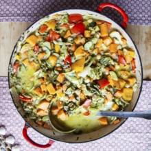 A colourful vegetable stew with various ingredients served in a large pot, Lower Austria Austria
