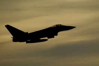 Eurofighter Typhoon silhouette of a military fighter jet aircraft of the Royal air force RAF flying