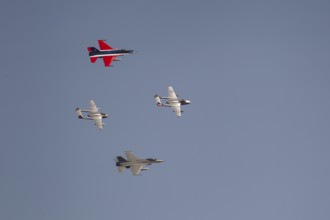 General Dynamics F-16 Fighting Falcon and de Havilland Vampire military jet aircraft of the Royal