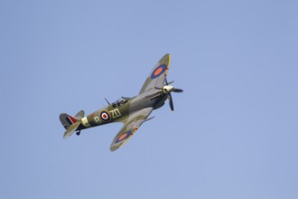 Supermarine Spitfire warbird military aircraft in Royal air force RAF colours flying, England,