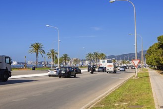 Traffic with cars and motorbike on a city road to Palma by the sea a sunny summer day, Palma de