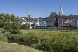 City view with the Holy Family Church Kamen and St Paul's Church, Sesekepark, Kamen, Ruhr area,